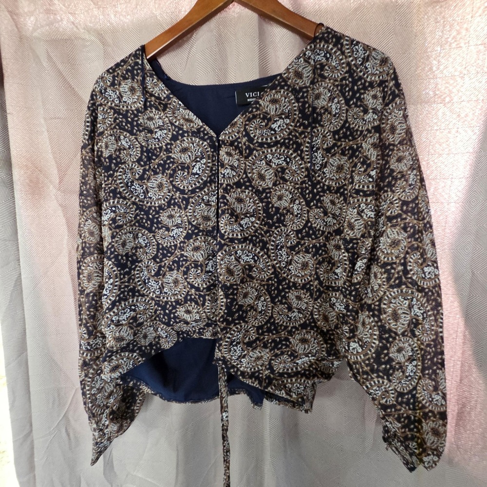 VICI Blouse Womens Medium Blue V Neck Long Sleeve Paisley Chiffon Tunic Top